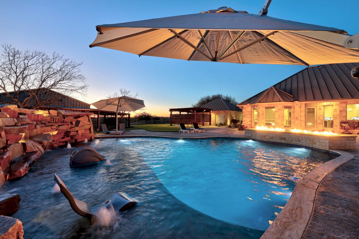 Resort-style pool at twilight